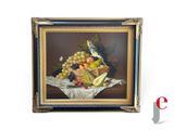 painting of a bird sitting on a basket of fruit on a table