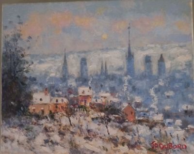 tableau représentant une vue d'une ville sous la neige, avec une église en arrière-plan