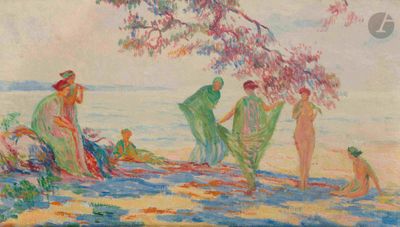 an image of a painting of a group of people on a beach