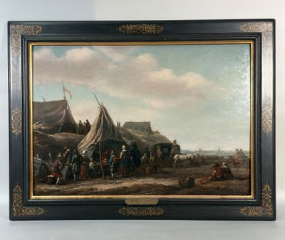 painting of a group of people on horseback in front of a tent