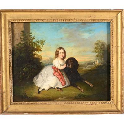 tableau représentant une jeune fille avec un chien dans un paysage