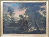une peinture à l'huile représentant un paysage boisé avec un château au loin