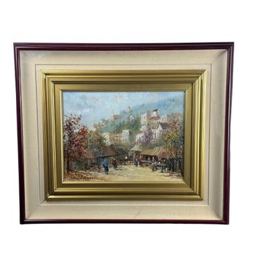 tableau à l'huile encadré représentant une scène de village avec une calèche