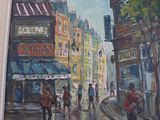 a painting of people walking down the street in the rain