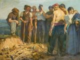 un tableau représentant un groupe de personnes rassemblées autour d'un squelette
