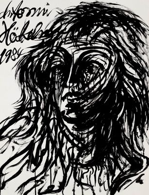 an image of a black and white drawing of a woman ' s face