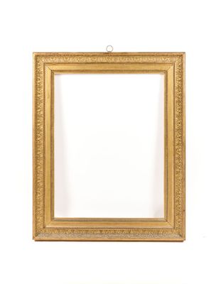 a gold picture frame hanging on a wall with a white background
