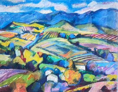 an oil painting of a colorful landscape with hills and trees