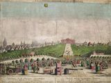 an old drawing of a view of a city from a distance