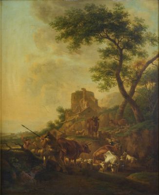 tableau représentant un paysage avec du bétail et un château en arrière-plan