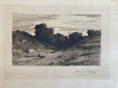 drawing of a landscape with a man and a dog in the foreground