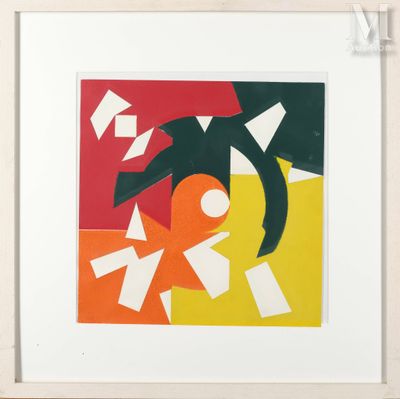 peinture représentant un oiseau volant au-dessus d'un motif géométrique rouge, jaune, vert et orange