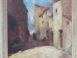 une peinture à l'huile représentant une scène de rue avec une personne marchant dans la rue