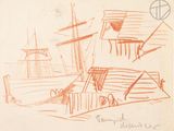 drawing of a boat in a body of water with a building in the background