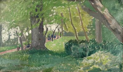 a painting of a park with people walking on the path
