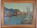 tableau représentant une scène de port avec des bateaux sur l'eau et des bâtiments en arrière-plan