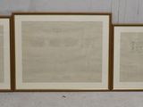 three framed architectural drawings of a house and a building
