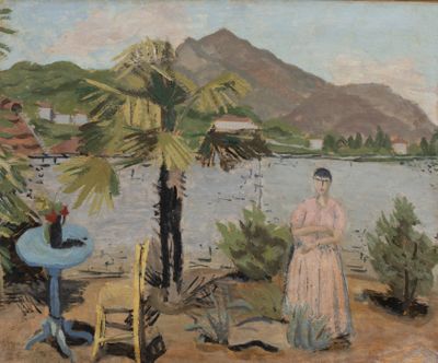 a painting of a woman in a pink dress by the water