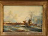 an oil painting of a boat in a body of water with a lighthouse in the background