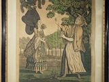 une gravure ancienne représentant une femme et un homme dans un parc