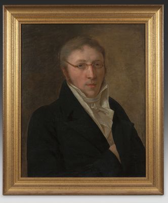 a painting of a man in a black coat and white shirt