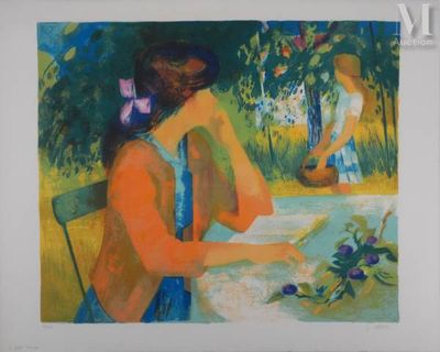 an oil painting of a woman sitting at a table in a garden