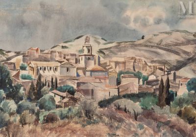 l'image d'un tableau représentant un village avec une église à l'arrière-plan