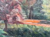 a painting of a park bench in the middle of a park