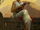 painting of a woman sitting on a wall playing a guitar