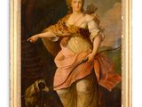 une image représentant un tableau où l'on voit une femme avec un chien dans un paysage