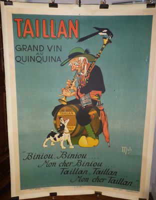 une vieille affiche représentant un homme avec un chien et un chat