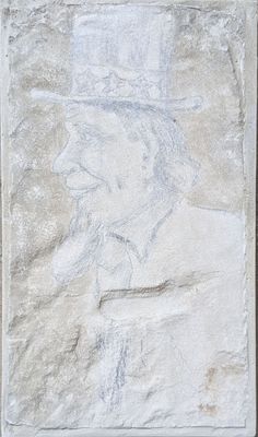 painting of a man with a hat on a stone wall