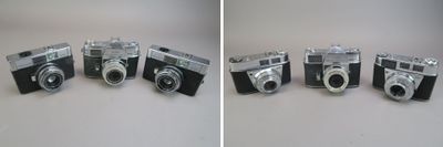 four different views of a camera on a table with a white background