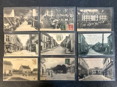 several old black and white photos of a street in a town