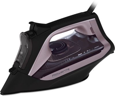 an image of a black and pink steam iron on a white background