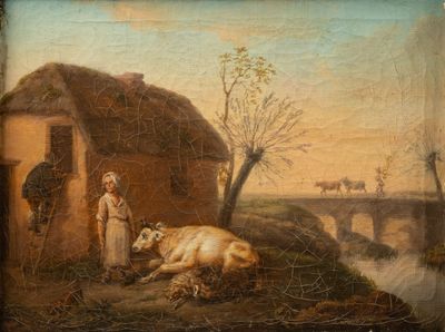 painting of a man standing next to a cow in front of a house