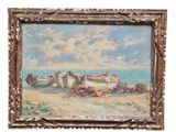 une peinture à l'huile représentant une scène de plage avec un bateau sur le rivage