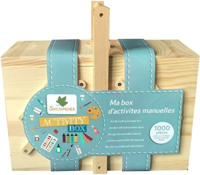 the wooden box contains a variety of crafts and activities for children