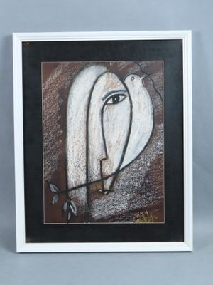 painting of a bird with a key in its beak and a key in its mouth