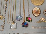 a lot of necklaces and brooches that are on the table