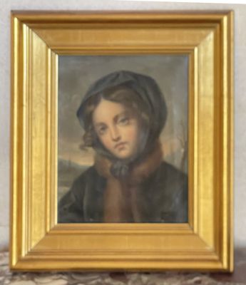 portrait of a young girl in a fur collar, in a gold frame