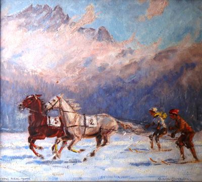 tableau représentant deux chevaux tirant un traîneau sur lequel se trouve un homme