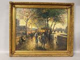 une peinture à l'huile représentant une scène urbaine avec des passants marchant dans la rue