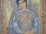 painting of a woman in a blue dress holding a baby in her arms