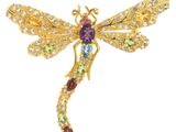 un gros plan d'une broche en forme de libellule ornée de pierres multicolores