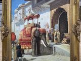une photo d'un tableau représentant un éléphant entouré de personnes