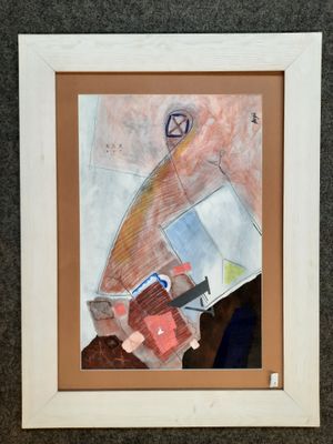 framed painting of a painting of a desk with a laptop and other items