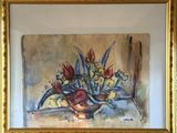 a painting of flowers in a vase on a table