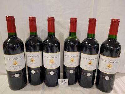 six bottles of red wine are lined up on a table