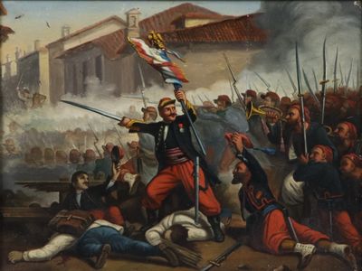 une image représentant un tableau où l'on voit un homme tenant un drapeau devant une foule